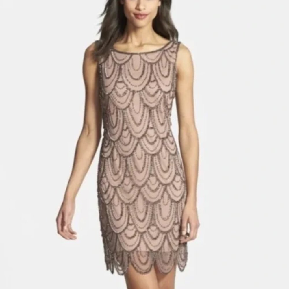 Pissarro Nights Flapper Style Rose Embellished Mesh Scalloped Sheath Mini Dress